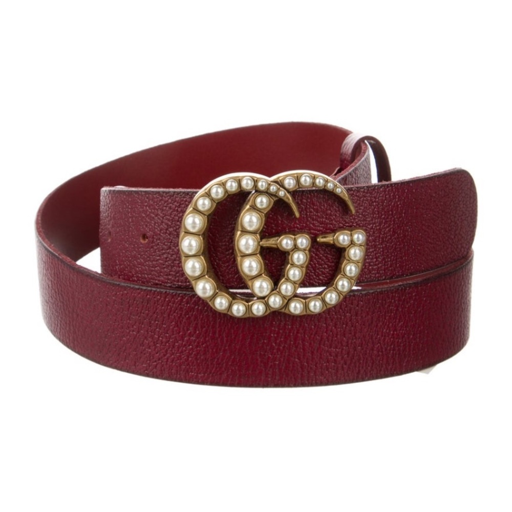 Gucci Red Leather Belt with Pearl-Studded Gold GG Logo - Picture 2 of 5